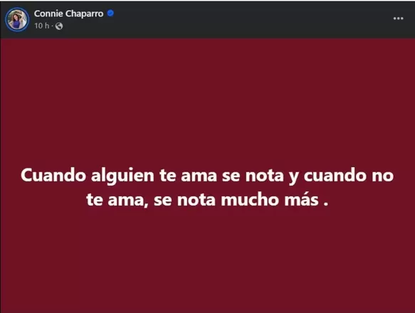 Mensaje de Facebook que compartió Connie Chaparro y que alertó a los seguidores de la pareja/Foto: Facebook