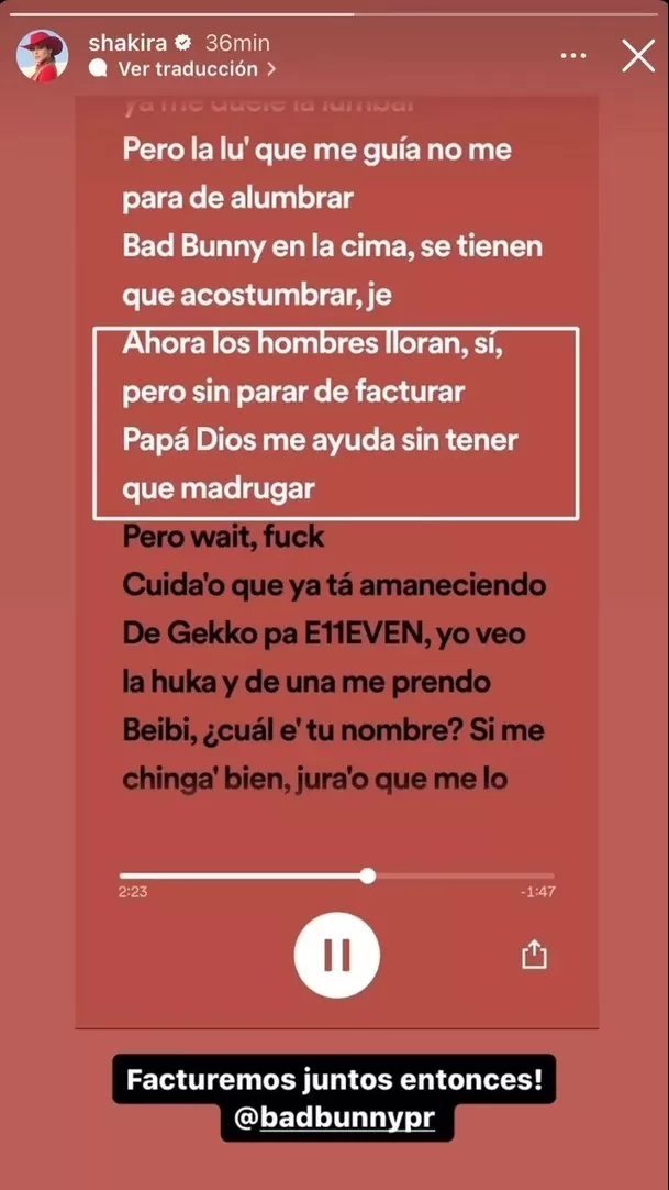 Respuesta de Shakira a Bad Bunny. Fuente: Instagram