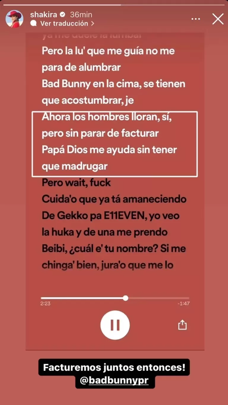 Respuesta de Shakira a Bad Bunny. Fuente: Instagram