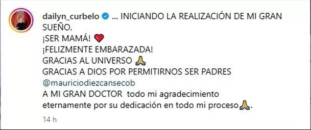 Dailyn Curbelo y Mauricio Diez Canseco confirmaron que están "embarazados"/Foto: Instagram