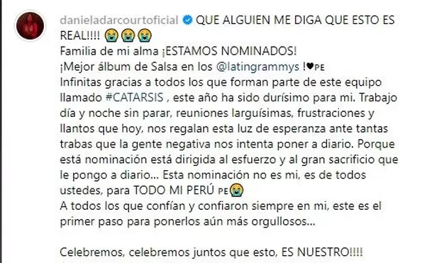 Mensaje de Daniela Darcourt luego de conocer su nominación los Latin Grammys 2023/ Foto: Instagram