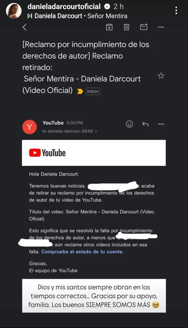 Daniela Darcourt recuperó su video de ‘Señor Mentira' en YouTube. Fuente: Instagram