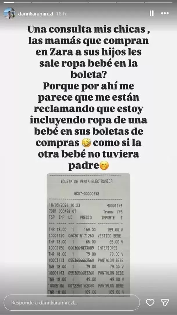 La empresaria decidió exhibir comprobantes de compra para aclarar que las prendas adquiridas eran para la hija que tiene con Jefferson Farfán y no para su segunda bebé. Foto: Instagram @darinkaramirez