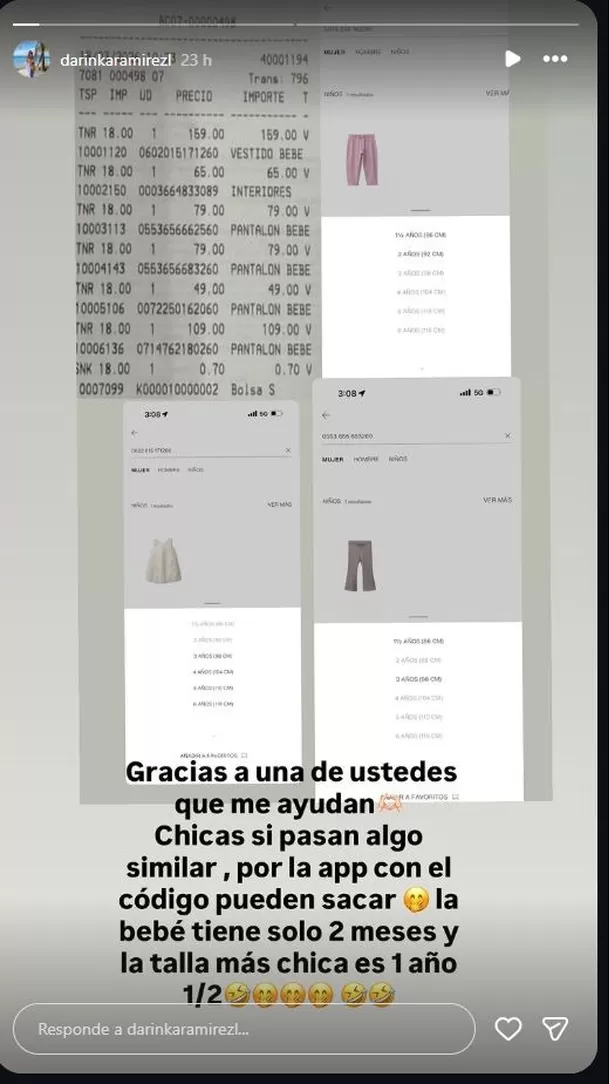 La empresaria decidió exhibir comprobantes de compra para aclarar que las prendas adquiridas eran para la hija que tiene con Jefferson Farfán y no para su segunda bebé. Video: Instagram @darinkaaramirez