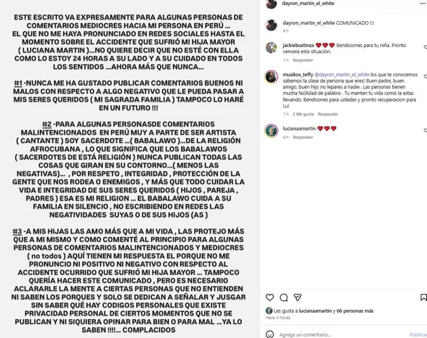El cantante Dayron Martin respondió a quienes lo criticaron por no pronunciarse sobre el accidente de su hija Luciana. Foto: Instagram El cantante Dayron Martin respondió a quienes lo criticaron por no pronunciarse sobre el accidente de su hija Luciana. Foto: Instagram
