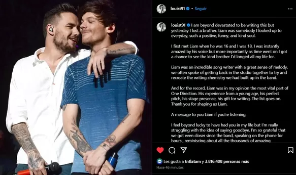 El desgarrador mensaje de despedida Louis Tomlinson a Liam Payne/Foto: Instagram