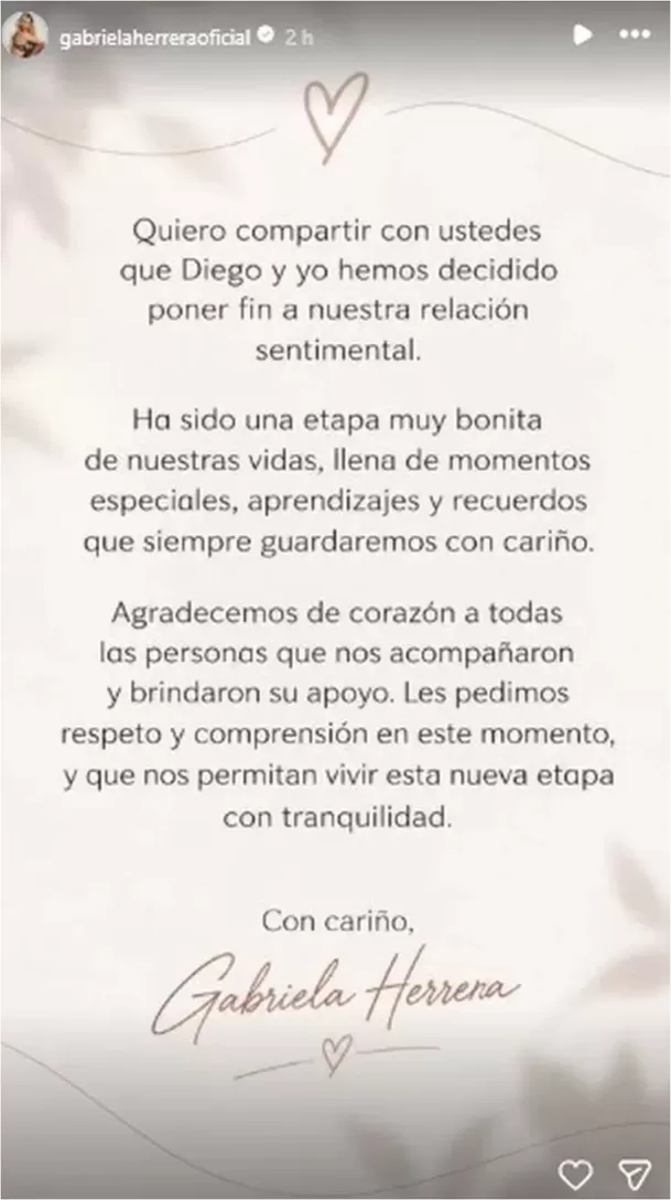 Hace unas semanas, Gabriela Herrera anunció su separación de Diego Chávarri a solo dos meses de iniciar romance / IG: @gabrielaherreraoficial Hace unas semanas, Gabriela Herrera anunció su separación de Diego Chávarri a solo dos meses de iniciar romance / IG: @gabrielaherreraoficial