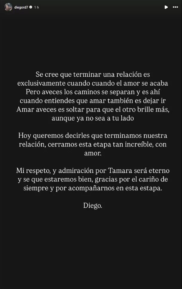 Diego Rodríguez confirmó fin de su relación con Tammy Parra. Fuente: Instagram