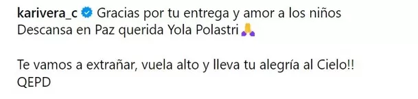 Mensaje de Karina Rivera tras la mnuerte de Yola Polastri/Foto: Instagram