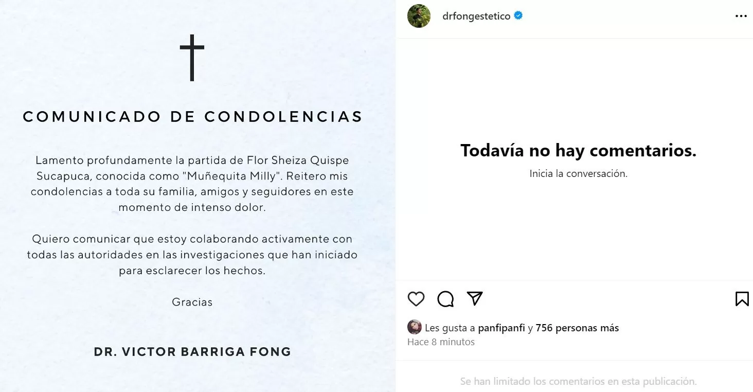 Comunicado del doctor Fong tras muerte de 'Muñequita Milly' / Instagram