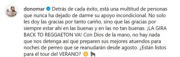 Don Omar confirmó mediante un mensaje que retomará su gira 'Back to Reggaetón 2024'/Foto: Instagram