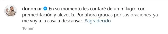 Mensaje de Don Omar anunciando que ya está de alta tras operarse para eliminar un cáncer/Foto: Instagram