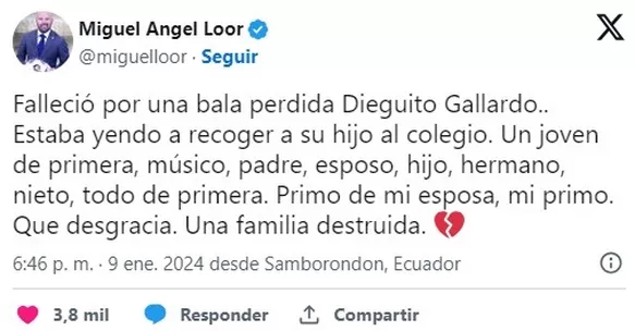 Ecuador: Cantante Diego Gallardo murió por una bala pérdida durante disturbios en su país