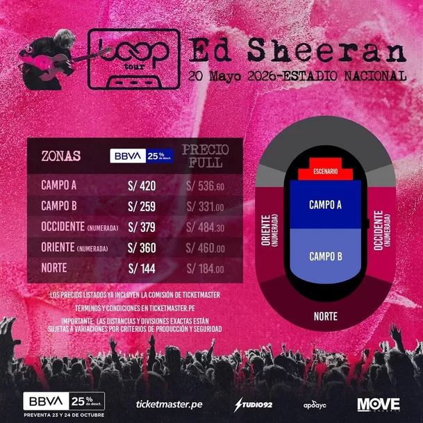 Los precios de las entradas para el concierto de Ed Sheeran en Lima 2026 / Instagram / Tickemaster