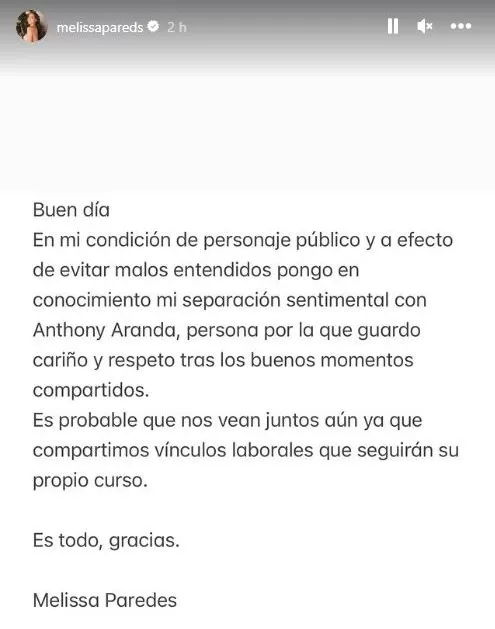 Comunicado de Melissa Paredes dando a conocer el final de su relación con Anthony Aranda/Foto: Instagram