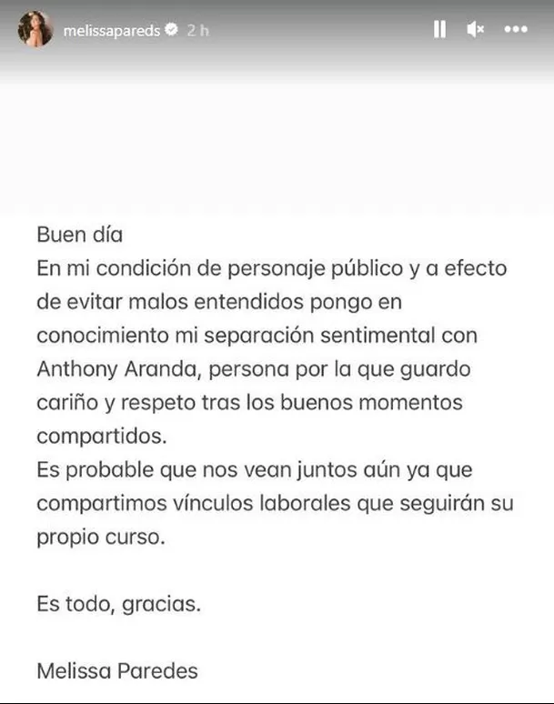 Comunicado de Melissa Paredes dando a conocer el final de su relación con Anthony Aranda/Foto: Instagram Comunicado de Melissa Paredes dando a conocer el final de su relación con Anthony Aranda/Foto: Instagram