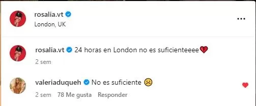 Hace dos semanas Valeria Duque también comentó un mensaje de Rosalía en Instagram