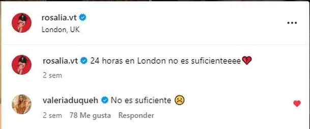 Hace dos semanas Valeria Duque también comentó un mensaje de Rosalía en Instagram