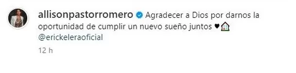 Mensaje de allison Pastor anunciando la compra de la casa/Foto: Instagram