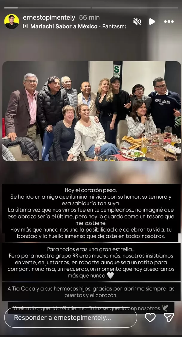 Mensaje de Instagram publicado por Ernesto Pimentel tras la muerte de Rossini. Foto: @ernestopimentel Mensaje de Instagram publicado por Ernesto Pimentel tras la muerte de Rossini. Foto: @ernestopimentel