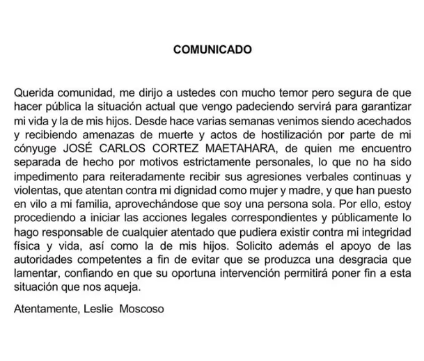 Leslie Moscoso denunció que recibe amenazas de muerte de parte de su aun esposo José Cortéz / Instagram