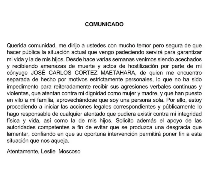 Leslie Moscoso denunció que recibe amenazas de muerte de parte de su aun esposo José Cortéz / Instagram