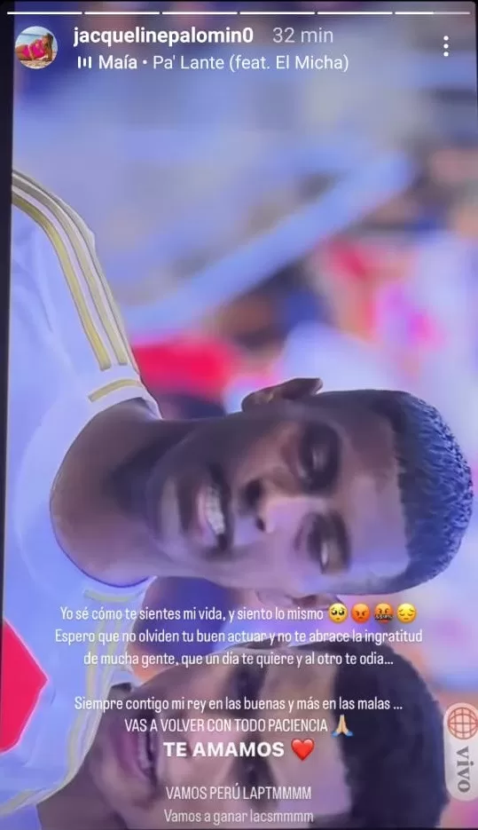 Mensaje de Jacqueline Palomino en apoyo a Miguel Araujo tras la expulsión del futbolista/Foto:Instagram