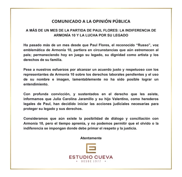 Familia de Paul Flores inicia acciones legales contra Armonía 10 / Instagram