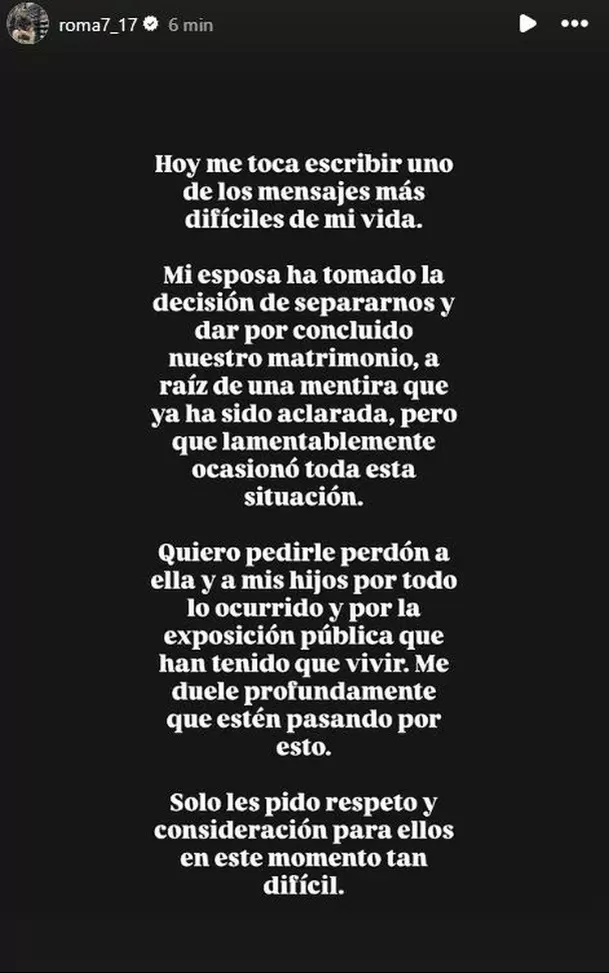 Reimond Manco anuncia separación de su esposa tras diez años de casados / Instagram