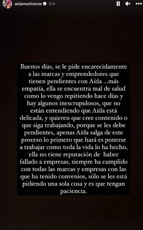 Esposo de Aída Martínez molesto con empresas por no entender la situación de la modelo / Fuente: Instagram