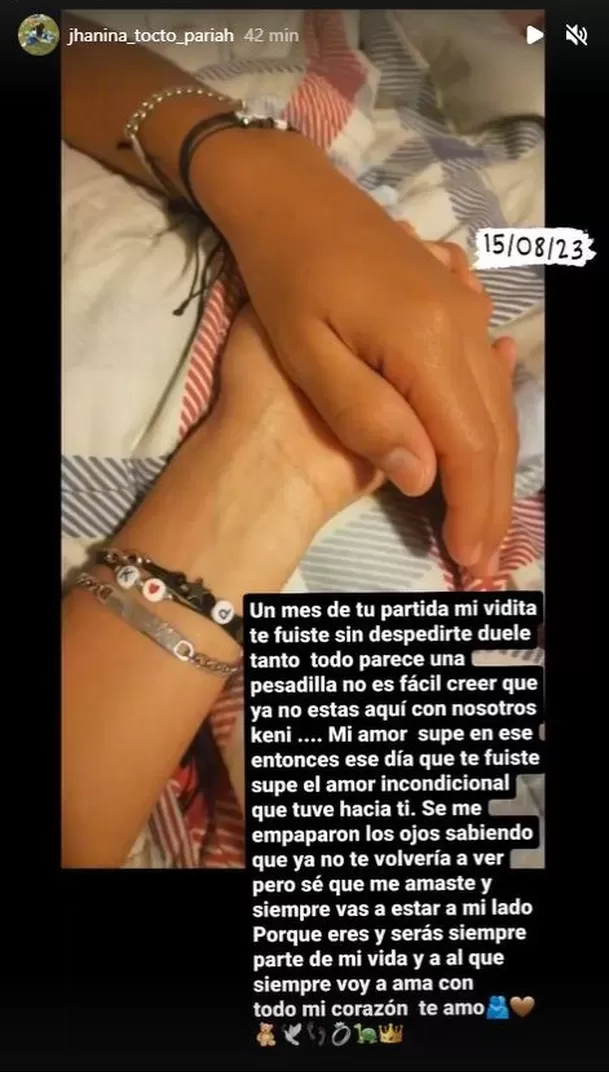 Mensaje de Jhanina Tocto publicado en sus redes a un mes del fallecimiento de su pareja Kevin Pedraza/ Foto: IG Jhanina Tocto 