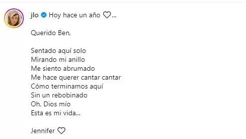 Mensaje de Jennifer Lopez a su esposo Ben Affleck por sus bodas de papel / Foto: IG JLo