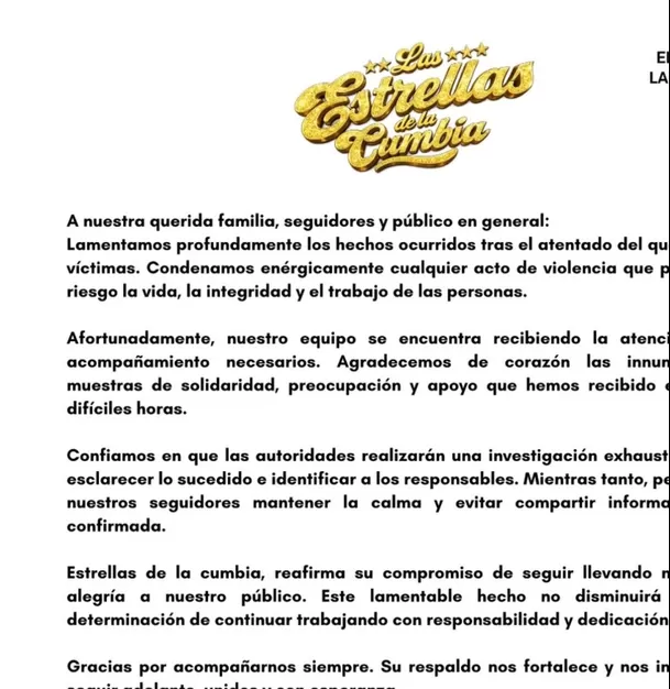 La agrupación rompió su silencio luego del ataque a balazos contra su bus, que dejó tres integrantes heridos. En un comunicado, condenó la violencia y pidió no difundir información no confirmada. Foto: IG @lasestrellasdelacumbia La agrupación rompió su silencio luego del ataque a balazos contra su bus, que dejó tres integrantes heridos. En un comunicado, condenó la violencia y pidió no difundir información no confirmada. Foto: IG @lasestrellasdelacumbia