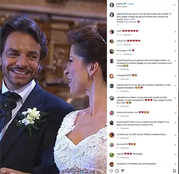 Eugenio Derbez le dedicó un romántico mensaje a Alessandra Rosaldo por su aniversario número 13. Fuente: Instagram