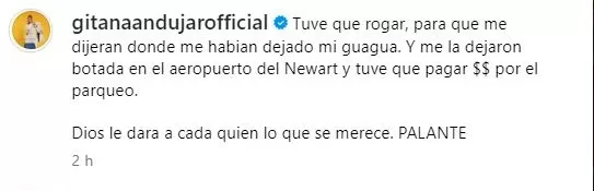 Mensaje de Gitana Andújar en Instagram donde acusa a su ex Erick Sabater de malograr su camioneta/Foto: Instagram