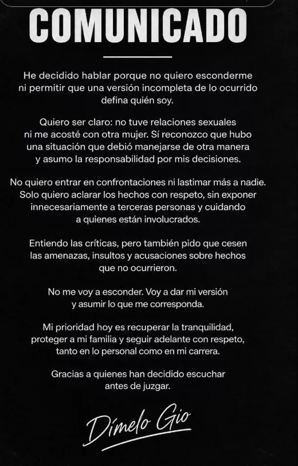 Ex de Handa envía comunicado por acusaciones de infidelidad / @dimelogio1 Ex de Handa envía comunicado por acusaciones de infidelidad / @dimelogio1