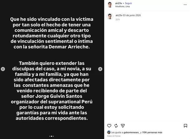 Airton Vargas pide garantías para su vida tras perder el título de Mister Global Perú 2026. Foto: Instagram @air23v