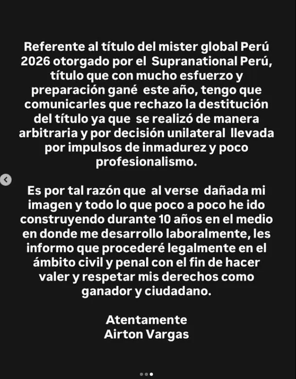 Airton Vargas pide garantías para su vida tras perder el título de Mister Global Perú 2026. Foto: Instagram @air23v