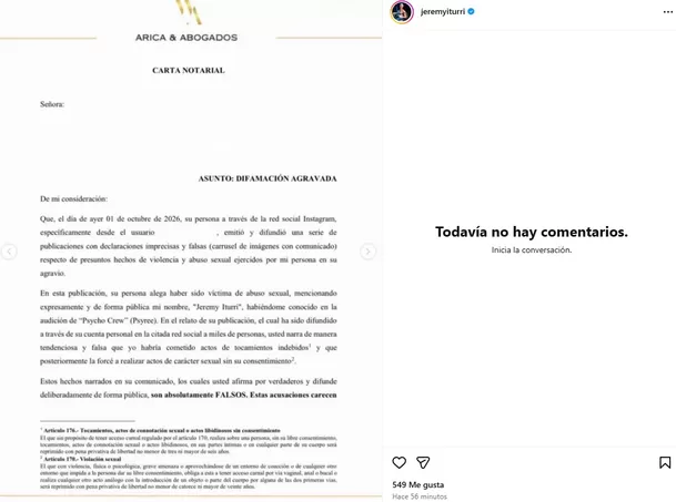 El exbailarín de Corazón Serrano negó las imputaciones en su contra y señaló que envió una carta notarial/ Captura Instagram El exbailarín de Corazón Serrano negó las imputaciones en su contra y señaló que envió una carta notarial/ Captura Instagram