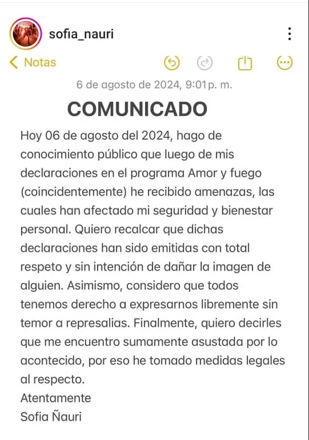 Comunicado de la exbailarina de Pamela Franco/Foto: Instagram