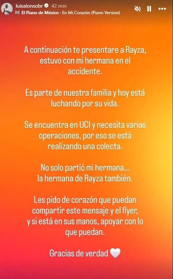 Luis Alonso Bustíos pidió ayuda para una de las víctimas que sobrevivió al accidente / Instagram Luis Alonso Bustíos pidió ayuda para una de las víctimas que sobrevivió al accidente / Instagram