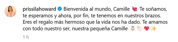 Mensaje de Prissila Howard anunciando el nacimiento de su bebé/Foto: Instagram