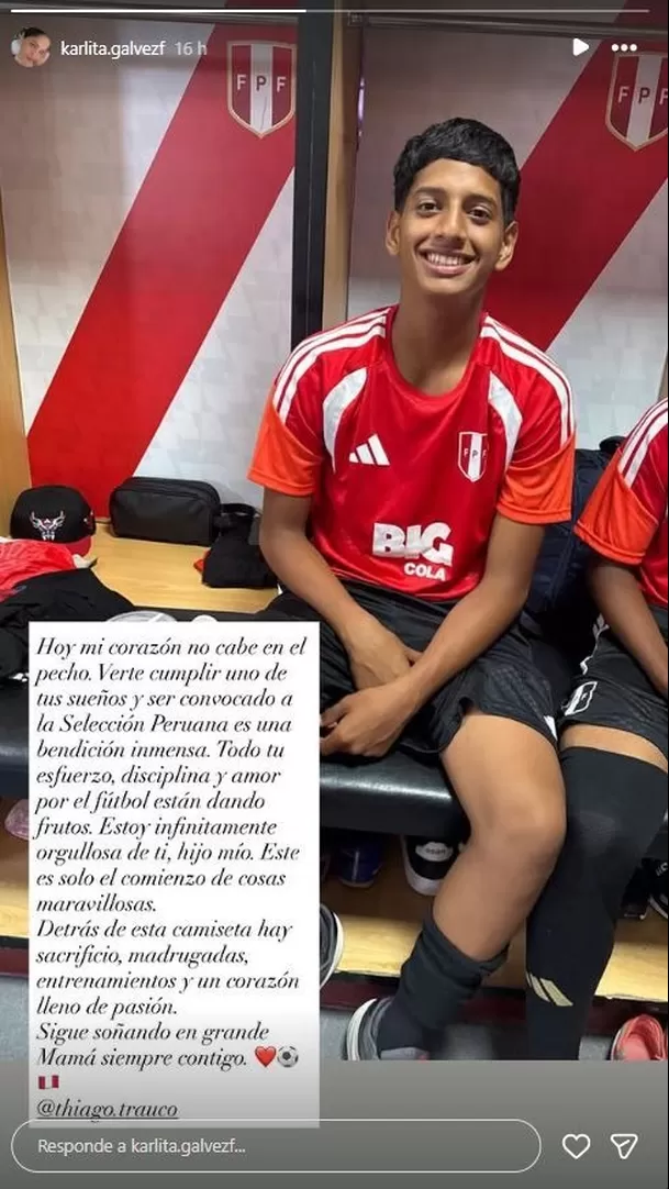 Karla Gálvez, exesposa del futbolista Miguel Trauco, expresó su emoción luego de que su hijo fuera convocado a la Selección Peruana. Foto: Instagram Karla Gálvez, exesposa del futbolista Miguel Trauco, expresó su emoción luego de que su hijo fuera convocado a la Selección Peruana. Foto: Instagram