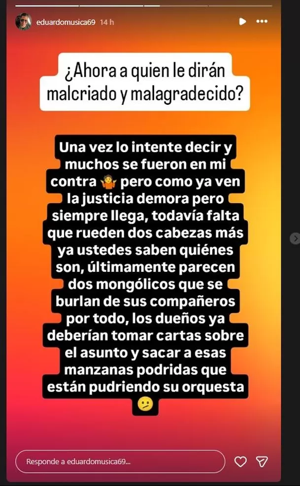 Eduardo Ortúzar, exvocalista principal de La Bella Luz, advirtió que "falta que rueden dos cabezas más" de la agrupación. Foto: IG @eduardomusica69 Eduardo Ortúzar, exvocalista principal de La Bella Luz, advirtió que "falta que rueden dos cabezas más" de la agrupación. Foto: IG @eduardomusica69
