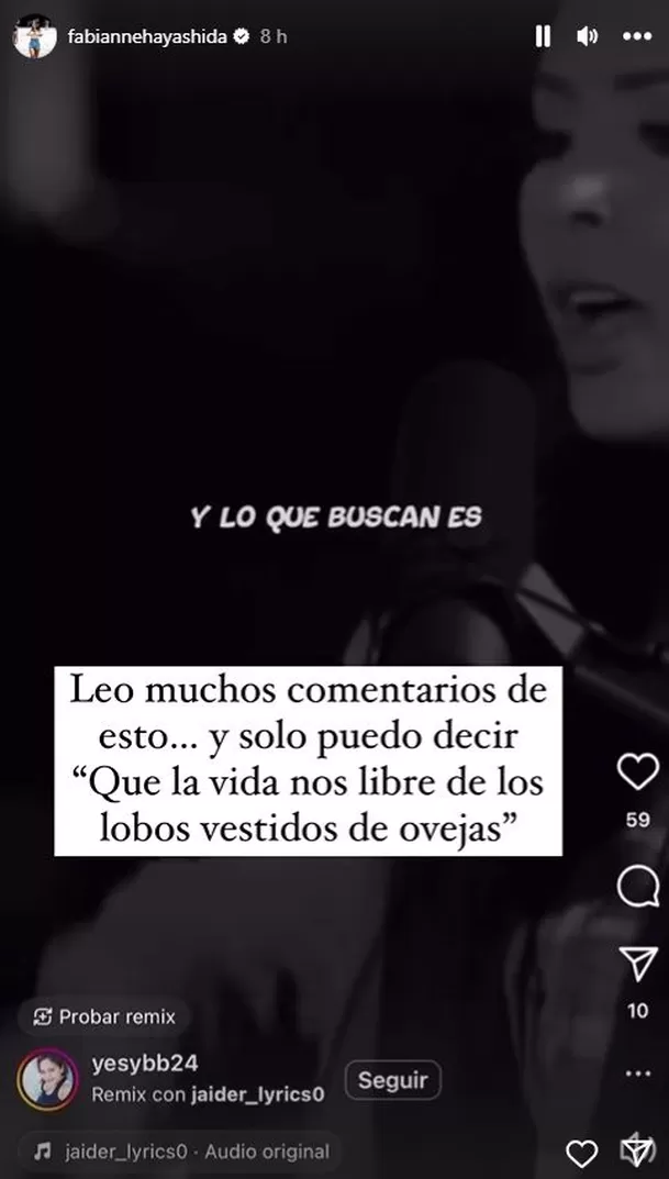 Fabianne Hayashida compartió mensaje que sería indirecta para Mario Rangel / Instagram