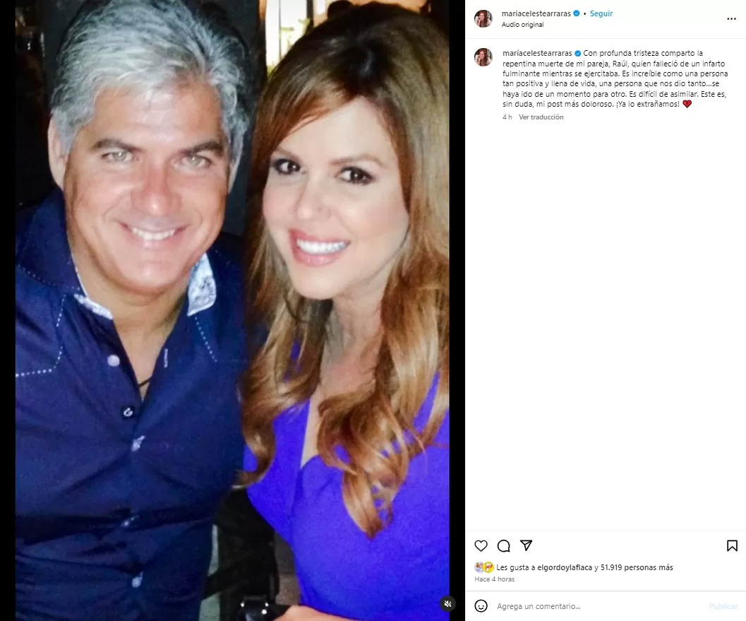 María Celeste Arrarás confirmó muerte de su pareja en redes sociales. Fuente: Instagram