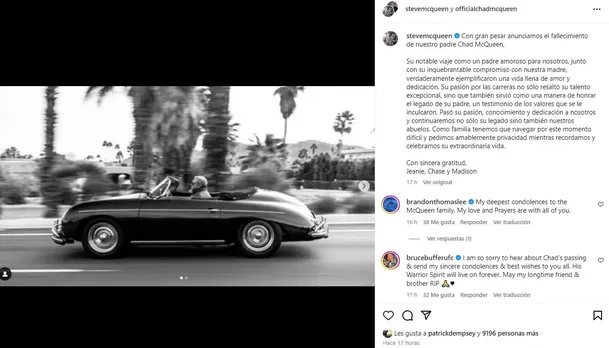 Familia de Chad McQueen se despide con emotivo mensaje en Instagram