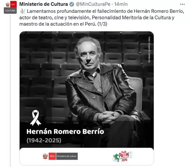 Ministerio de Cultura lamenta la muerte del actor nacional Hernán Romero / X