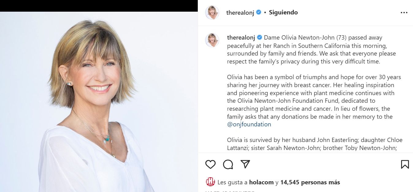 Falleció la actriz Olivia Newton-John a los 73 años 