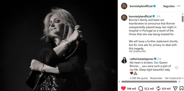 La familia de Bonnie Tyler anunció la mala noticia a través de redes sociales / IG: @bonnietylerofficial La familia de Bonnie Tyler anunció la mala noticia a través de redes sociales / IG: @bonnietylerofficial